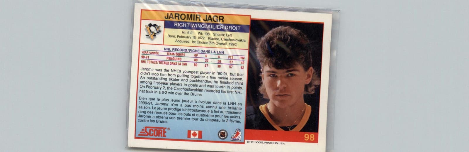1991-92 Score Canadian Bilingual #98 Jaromir Jagr Pittsburgh Penguins - Thumbnail 2