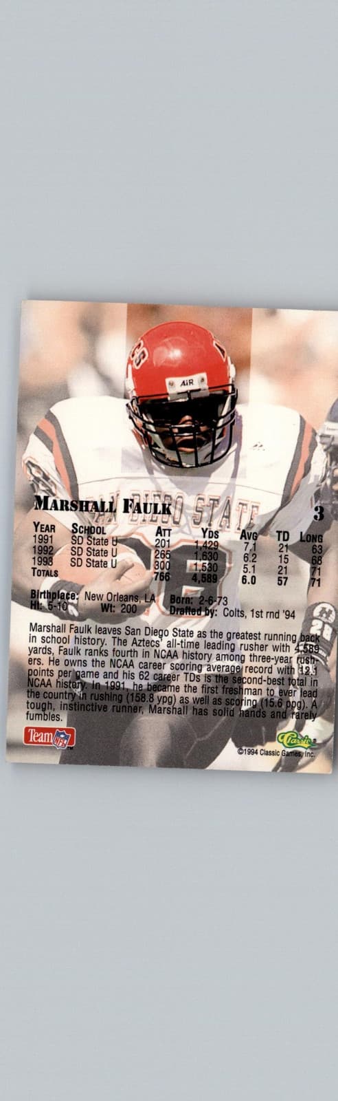 1994 Classic NFL Draft #3 Marshall Faulk Indianapolis Colts - Thumbnail 2