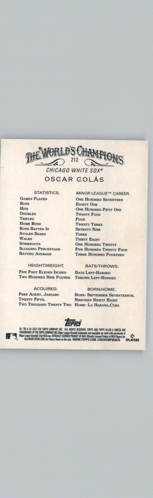 2023 Topps Allen & Ginter #212 Oscar Colás Chicago White Sox - Thumbnail 2