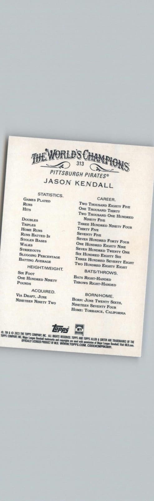 2023 Topps Allen & Ginter #313 Jason Kendall Pittsburgh Pirates - Thumbnail 2