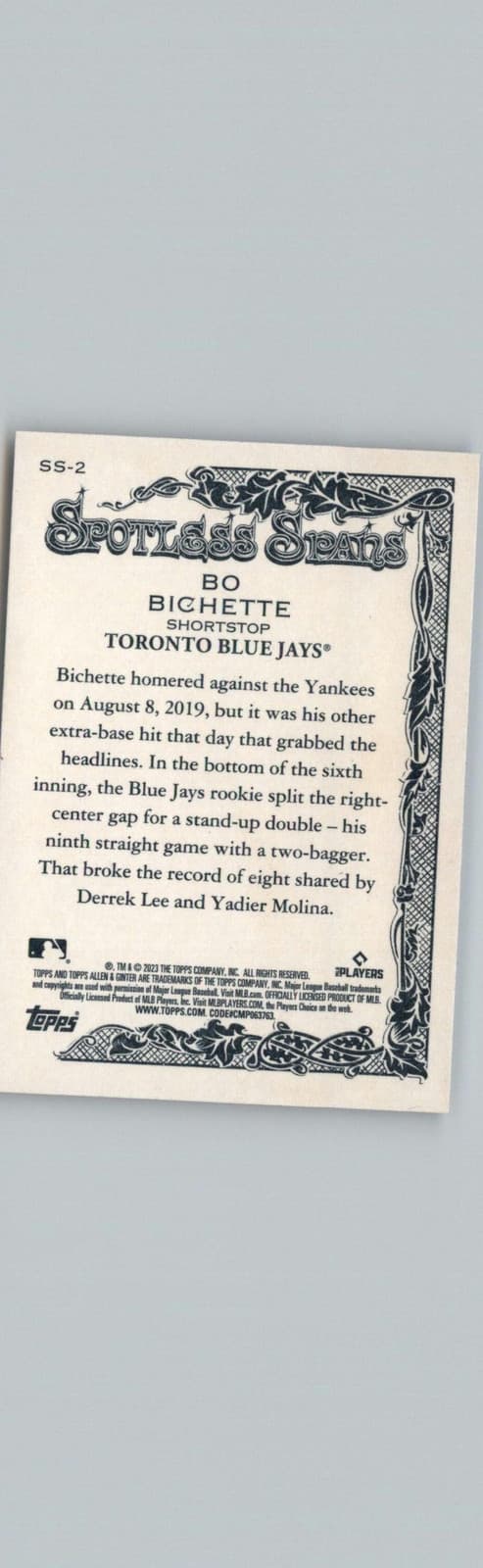 2023 Topps Allen & Ginter #SS-2 Bo Bichette Spotless Spans Toronto Blue Jays - Thumbnail 2