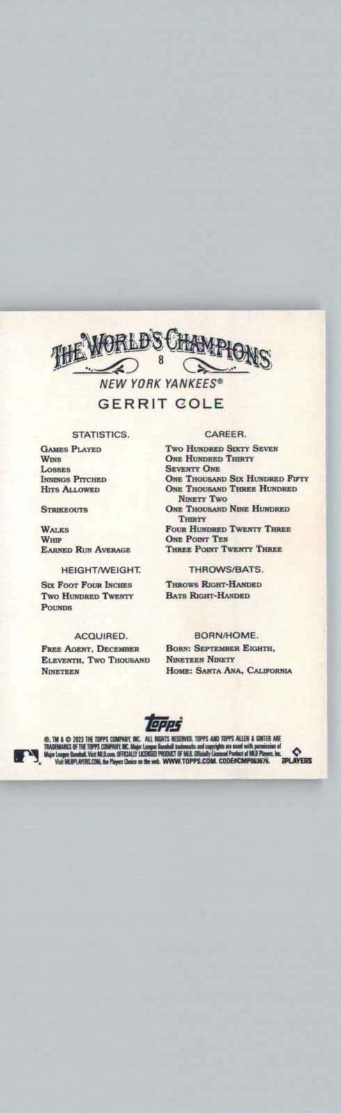 2023 Topps Allen & Ginter #8 Gerrit Cole New York Yankees - Thumbnail 2