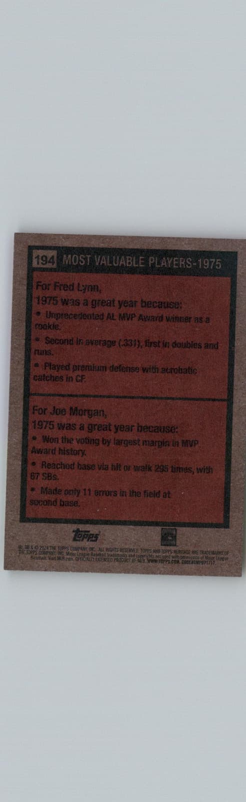 2024 Topps Heritage #194 1975 MVPs (Fred Lynn / Joe Morgan) MVP - Thumbnail 2