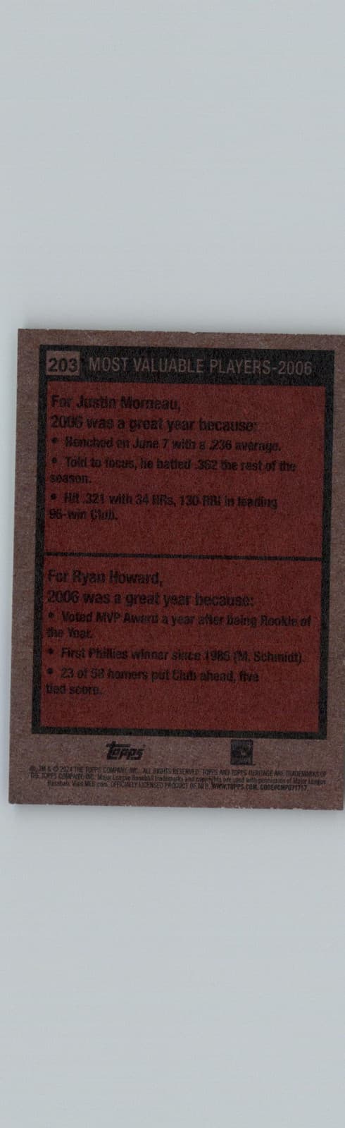 2024 Topps Heritage #203 2006 MVPs (Justin Morneau / Ryan Howard) MVP - Thumbnail 2