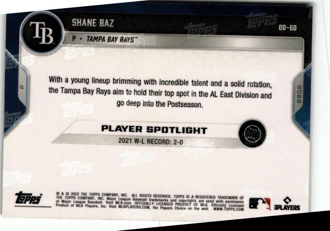 2022 Topps Now Road to Opening Day Tampa Bay Rays #OD-60 Shane Baz - Thumbnail 2