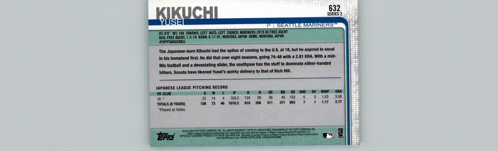 2019 Topps #632 Yusei Kikuchi - Thumbnail 2