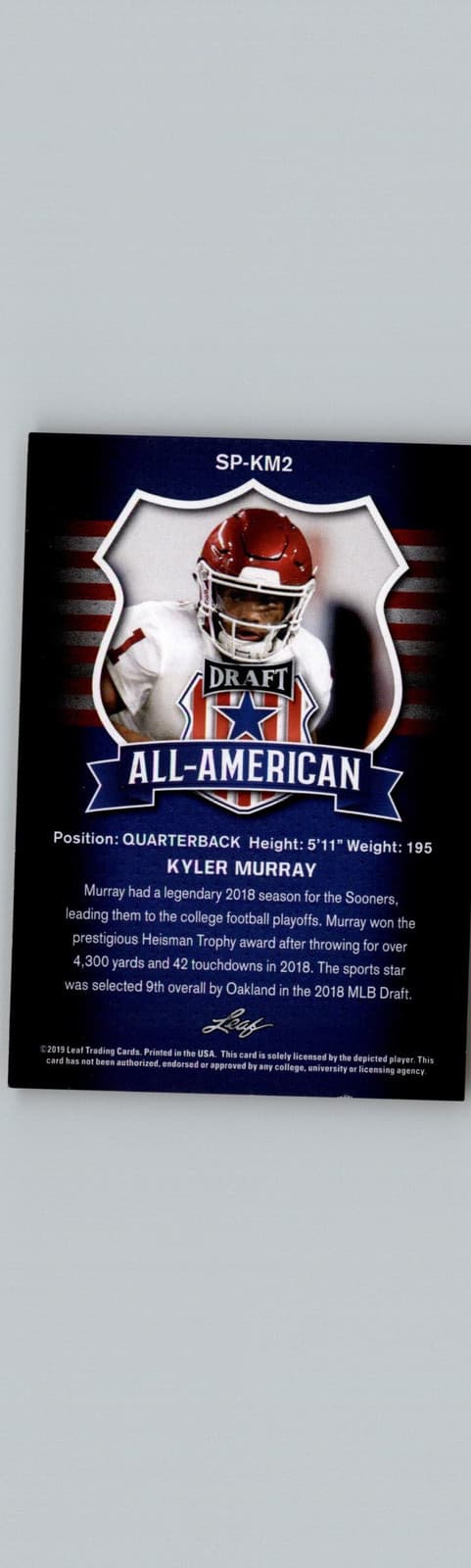 2019 Leaf Draft #SP-KM2 Kyler Murray Kyler Murray SPs Gold Oklahoma Sooners - Thumbnail 2