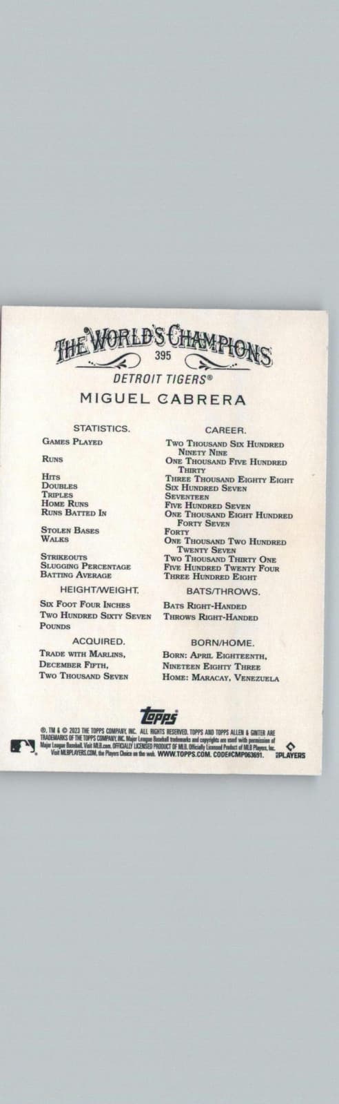 2023 Topps Allen & Ginter #395 Miguel Cabrera Detroit Tigers - Thumbnail 2