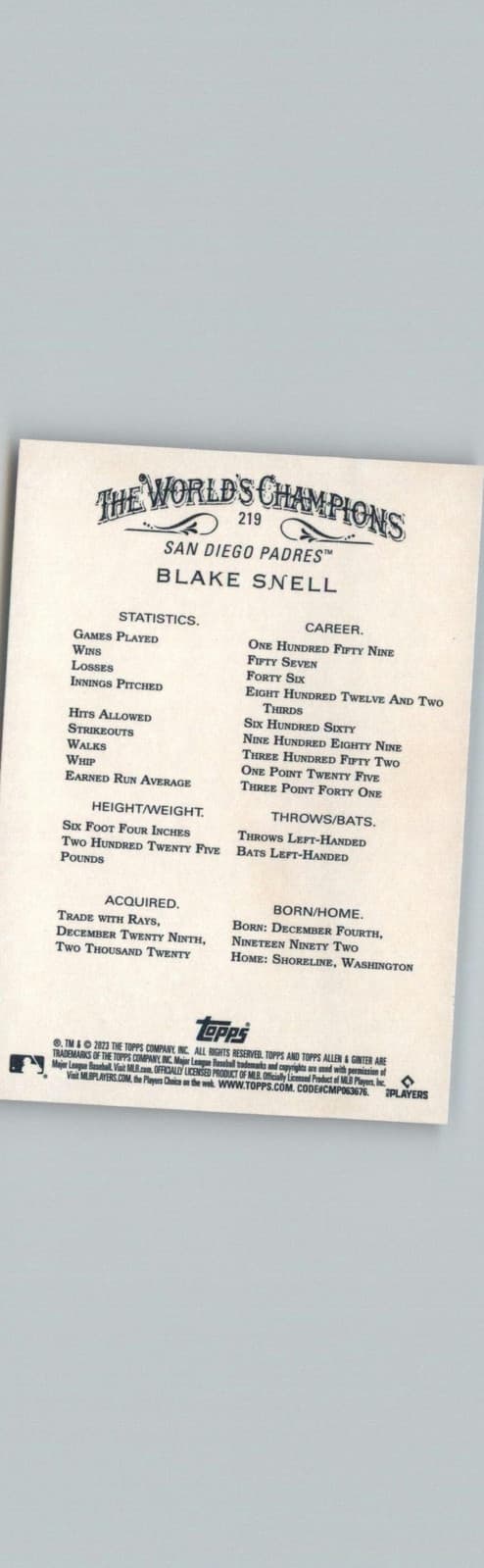 2023 Topps Allen & Ginter #219 Blake Snell San Diego Padres - Thumbnail 2