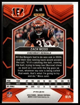 2024 Panini Mosaic #44 Zack Moss Mosaic Reactive Yellow - Thumbnail 2