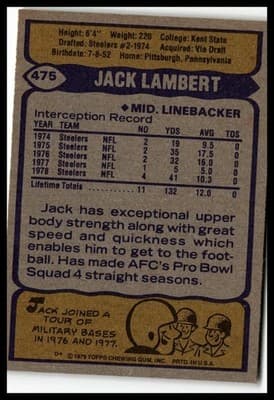 1979 Topps #475 Jack Lambert Cream Colored Back - Thumbnail 2