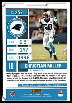 2019 Panini Contenders #252 Christian Miller Rookie Ticket Stub #/50 - Thumbnail 2