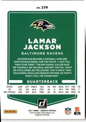 2021 Donruss #239b Lamar Jackson Press Proof Red No Helmet - Thumbnail 2