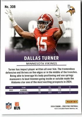 2024 Panini Prestige #308 Dallas Turner Sunburst Xtra Points - Thumbnail 2