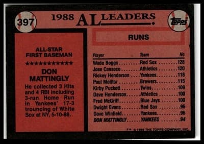 1989 Topps #397 Don Mattingly Collector's Edition (Tiffany) - Thumbnail 2