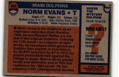 1976 Topps #492 Norm Evans - Thumbnail 2