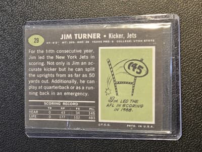 1969 Topps #29a Jim Turner Yellow dot between Jets and Kicker - Thumbnail 2