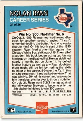 1992 Donruss Coca-Cola Nolan Ryan #24 Nolan Ryan - Thumbnail 2