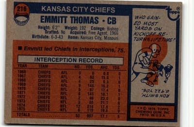 1976 Topps #216 Emmitt Thomas - Thumbnail 2