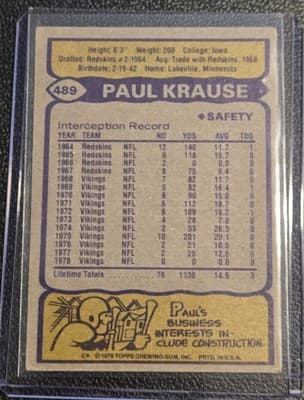 1979 Topps #489 Paul Krause Cream Colored Back - Thumbnail 2