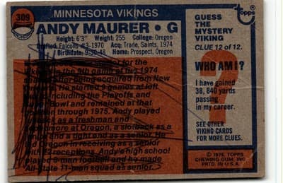1976 Topps #309 Andy Maurer - Thumbnail 2