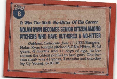 1991 Topps #6 Nolan Ryan - Thumbnail 2
