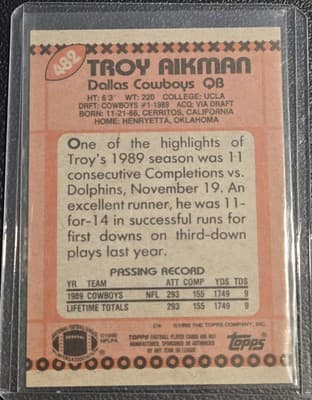 1990 Topps #482 Troy Aikman Disclaimer on Back - Thumbnail 2