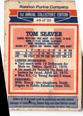 1984 Topps Ralston Purina #8 Tom Seaver - Thumbnail 2
