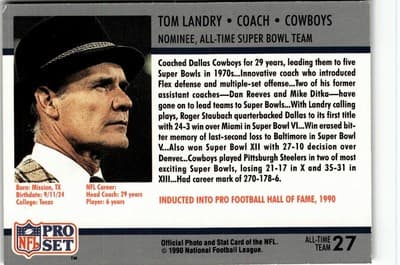1990-91 Pro Set Super Bowl XXV Silver Anniversary Commemorative #27 Tom Landry - Thumbnail 2