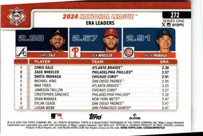 2025 Topps #272 National League Leaders ERA ( Sale / Wheeler / Imanaga) - Thumbnail 2