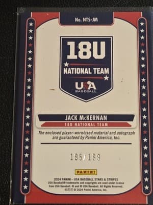 2024 Panini USA Baseball Jack McKernan 18U Nat Team Signatures Materials #/199 - Thumbnail 2