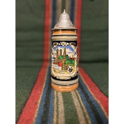 2 Large 20th Century German Ceramic Beer Stein with Pewter Lid - Thumbnail 6