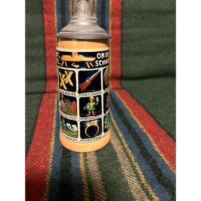 2 Large 20th Century German Ceramic Beer Stein with Pewter Lid - Thumbnail 7