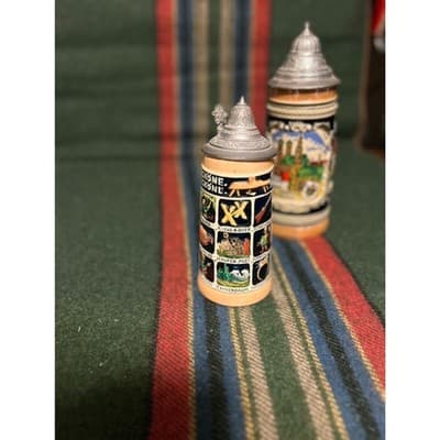 2 Large 20th Century German Ceramic Beer Stein with Pewter Lid - Thumbnail 8