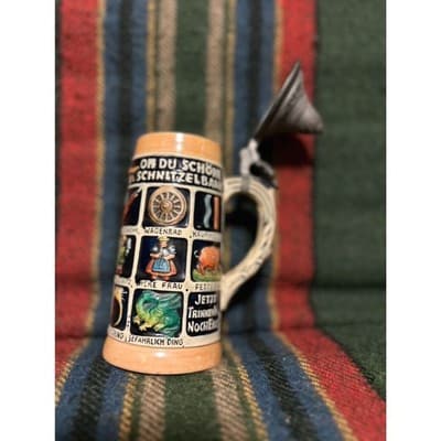 2 Large 20th Century German Ceramic Beer Stein with Pewter Lid - Thumbnail 2