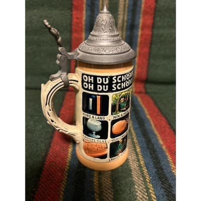 2 Large 20th Century German Ceramic Beer Stein with Pewter Lid - Thumbnail 14