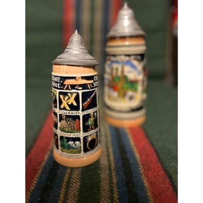 2 Large 20th Century German Ceramic Beer Stein with Pewter Lid - Thumbnail 13