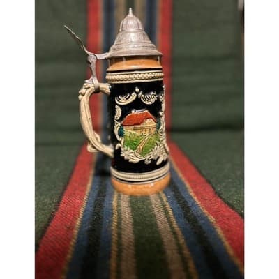 2 Large 20th Century German Ceramic Beer Stein with Pewter Lid - Thumbnail 11