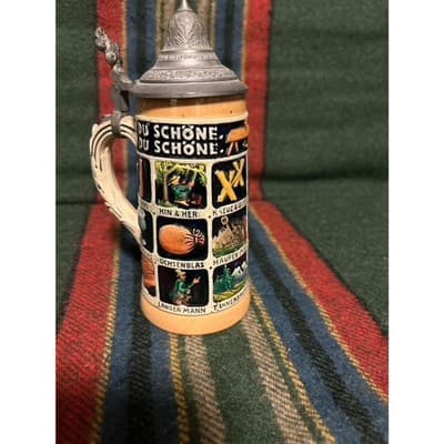 2 Large 20th Century German Ceramic Beer Stein with Pewter Lid - Thumbnail 15