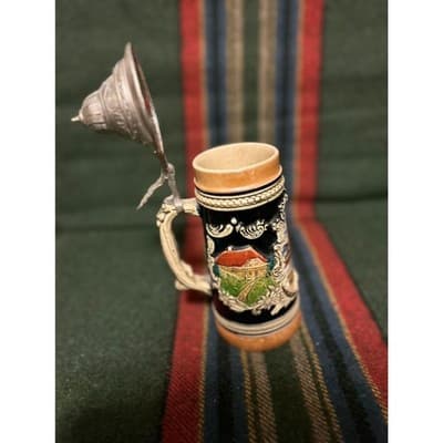 2 Large 20th Century German Ceramic Beer Stein with Pewter Lid - Thumbnail 3