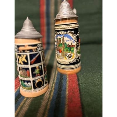 2 Large 20th Century German Ceramic Beer Stein with Pewter Lid - Thumbnail 5