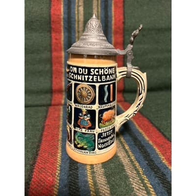 2 Large 20th Century German Ceramic Beer Stein with Pewter Lid - Thumbnail 9