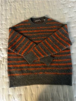 AllSaints “Rosco Jumper” Grey Orange Stripe Wool Alpaca Sweater Size M