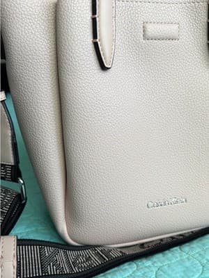 Calvin Klein Mini Tote Crossbody Bag Cream Pebbled Faux Leather Logo Web Strap