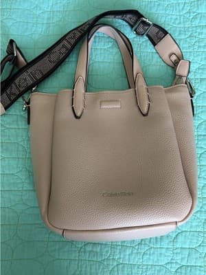 Calvin Klein Mini Tote Crossbody Bag Cream Pebbled Faux Leather Logo Web Strap - Thumbnail 5