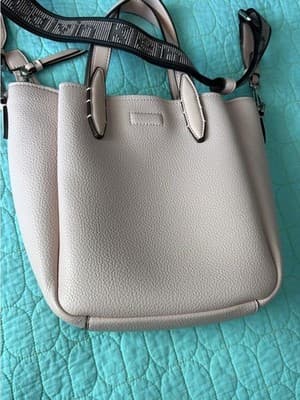 Calvin Klein Mini Tote Crossbody Bag Cream Pebbled Faux Leather Logo Web Strap - Thumbnail 3
