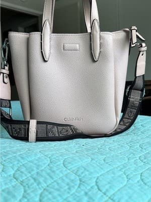Calvin Klein Mini Tote Crossbody Bag Cream Pebbled Faux Leather Logo Web Strap - Thumbnail 2