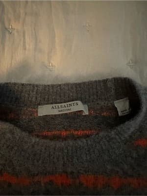 AllSaints “Rosco Jumper” Grey Orange Stripe Wool Alpaca Sweater Size M - Thumbnail 4