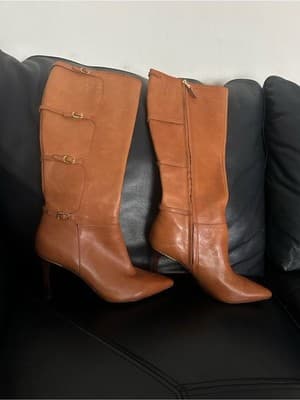 Lauren Ralph Lauren Cognac Leather Knee High Stiletto Boots Triple Buckle Sz 8.5