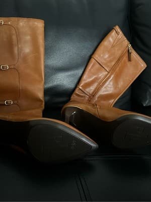 Lauren Ralph Lauren Cognac Leather Knee High Stiletto Boots Triple Buckle Sz 8.5 - Thumbnail 2